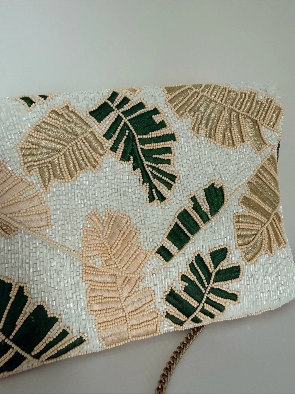 Beaded Tropical Leaf Envelope Clutch Crossbody Bag Gold Chain